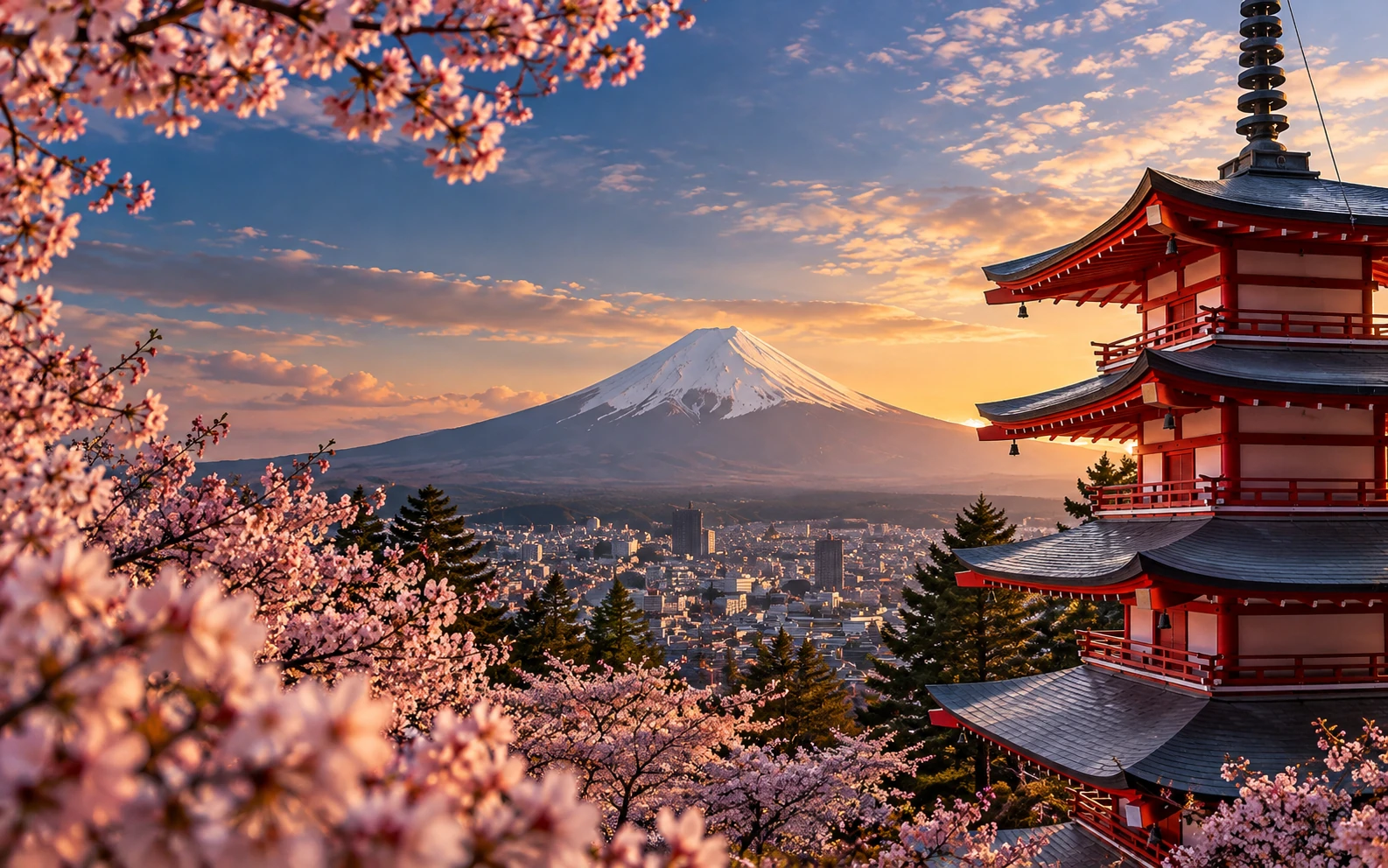Monte Fuji, pagoda Chureito y cerezos en Japón